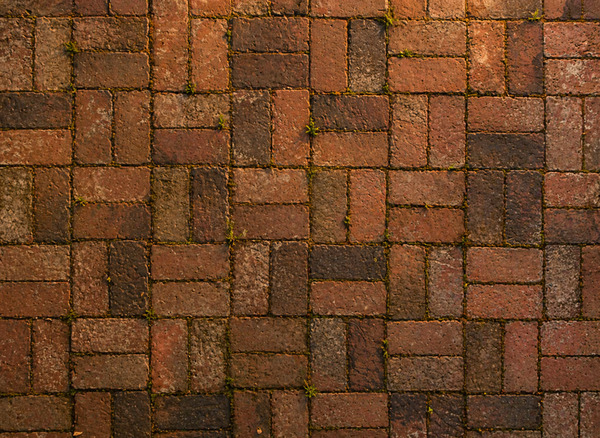 Damaged brick patio with deteriorating mortar joints