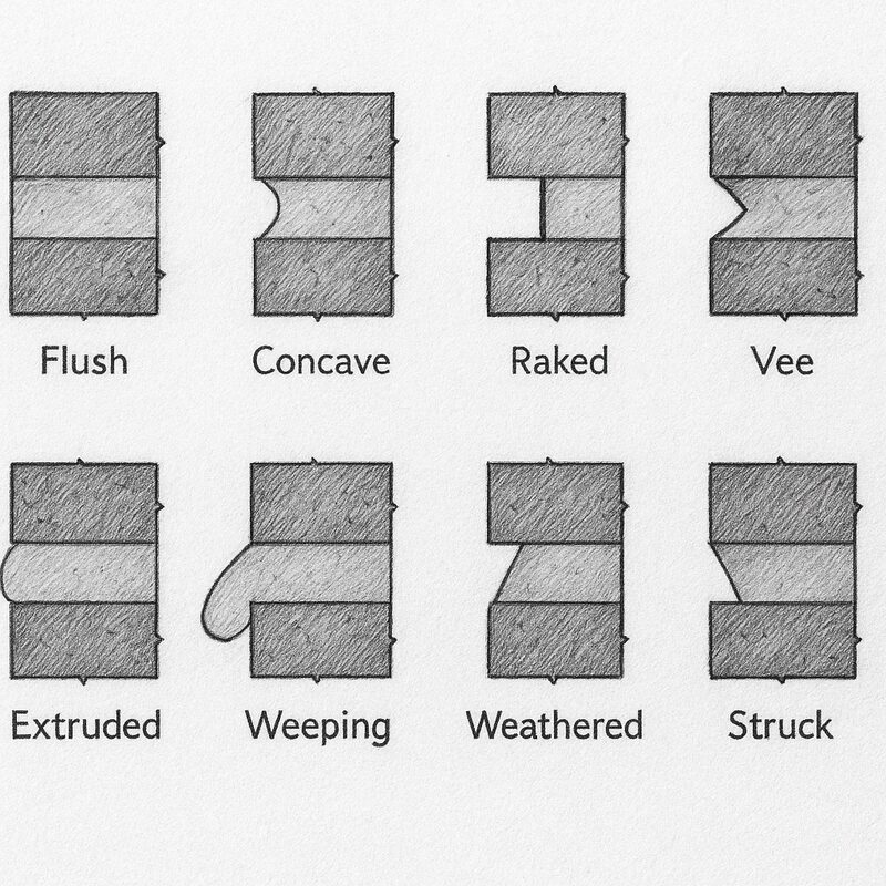 Diagram showing eight different types of mortar joints: flush, concave, raked, vee, extruded, weeping, weathered, and struck joints used in professional tuckpointing