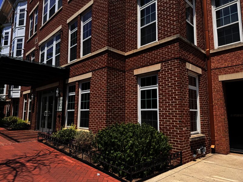 Commercial brick building with tuckpointing